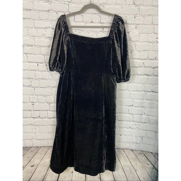 J Crew Black Puff Sleeve Velvet Button Front Dress Square Neck - Picture 6 of 12
